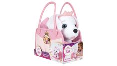 a stuffed dog in a pink purse with its head sticking out from it's side