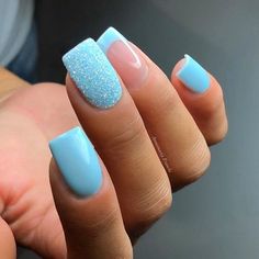 Blue Glitter Nails, Nagellack Trends, Blue French, Cute Gel Nails, Blue Nail, Acrylic Nails Coffin Short, Short Acrylic Nails Designs, Dipped Nails