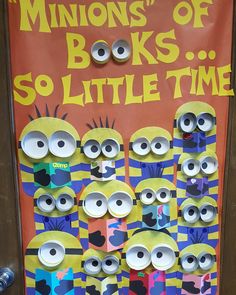 a bulletin board made to look like minion books with the title'minionss of books so little time'written on it