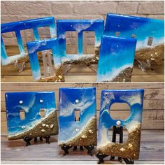 four light switch covers with blue and white designs