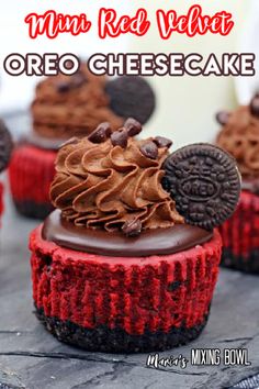 mini red velvet oreo cheesecakes with chocolate frosting and oreos on top