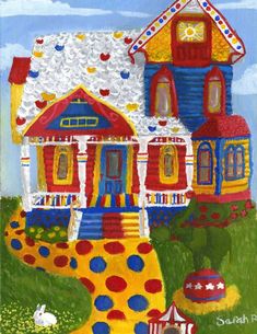 a painting of a house with lots of colorful decorations on the front and side of it