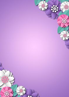 a purple background with white and pink flowers on the bottom right corner is an empty space for text