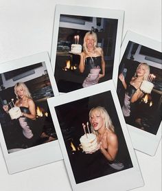 four polaroid photos of two women holding a cake with candles on it and one woman in the background