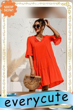 New Fashion Casual V-neck Women's Dress Elegant Loose Print Patchwork Flare Sleeve Beach Party Summer Dresses for Femme Chic V-neck Summer Dress For Vacation, Flowy V-neck Sundress For Beach Party, Orange V-neck Summer Beach Dress, Summer V-neck Knee-length Dress For Brunch, Chic V-neck Dress For Beach Season, Chic V-neck Dress For Beach Party, Flowy Solid Color Summer Mini Dress, Flowy Solid Color Mini Dress For Summer, Bohemian V-neck Mini Dress For Beach