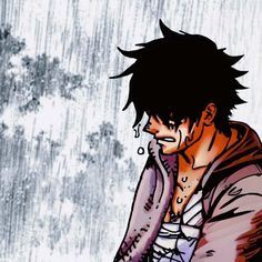 an anime character is standing in the rain with his hand on his face and looking down