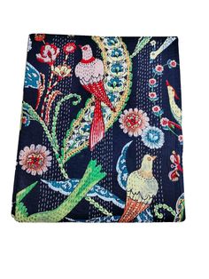 a blue and green floral print pocket square with birds on the flowery branch, surrounded by flowers