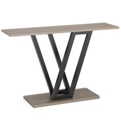 a wooden table with black metal legs