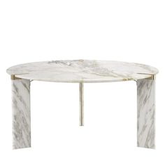 a white marble table with gold legs and an oval shaped design on the top, in front of a white background