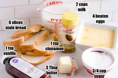 bread, butter, sugar and other ingredients are on a counter top with measuring cups