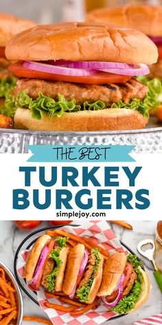 the best turkey burgers with lettuce, tomato and onion on buns