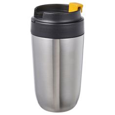 a stainless steel travel mug with a yellow lid and plastic cap on the side, isolated against a white background