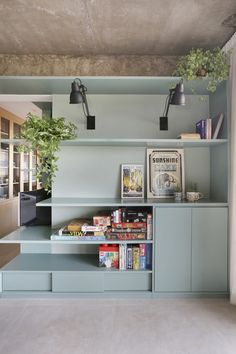 a shelf with books, magazines and plants on it next to a planter in the corner