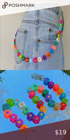 a pair of jeans with colorful beads on them