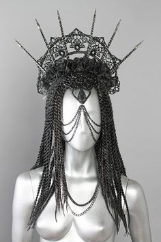 This is a one of a kind piece of wearable art made for the Five and Diamond Sixth Annual Headgear Art Show and shown on August 2, 2018. LED lighted headpiece. (60 LEDs in total). Can be worn with lights on or off. Designed and handmade by the artist: Blue Moon Inspired Materials: LED lighting, Wire, felt, synthetic hair, crystals, fabric flowers, pave crystals, crystal applique One of a kind. LED - IT LIGHTS UP in a soft blue that creates a halo that is hard to photo but epic at night on the pla Witchy Head Dress, Elaborate Headdress, Luxury Adjustable Costume Headpiece, Luxury Avant-garde Headpieces, Luxury Gothic Headpieces For Festivals, Large Crown, Halloween Head Piece, Luxury Gothic Festival Headpieces, Thierry Mugler Headpiece