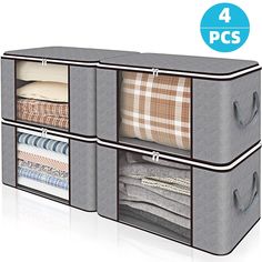 three storage bins with plaid blankets and pillows in them, one is open to show the