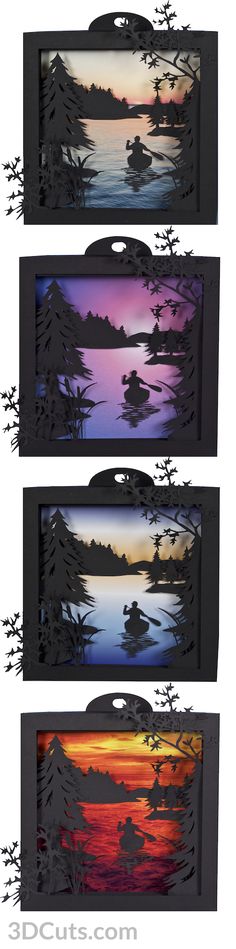 three different images of trees and water with sunsets in the background, one is cut out