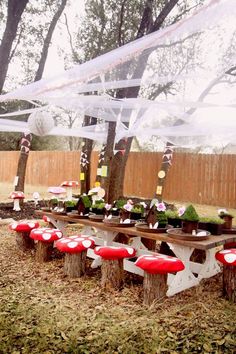 an outdoor party with red and white mushrooms on wooden benches under a netted canopy