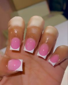 She got her nails done Short Pink On Pink French Tip Nails, Classy Shorties Nails, White And Pink Nails French Tips, Short Unique Acrylic Nails, Short Pink Acrylic Nails French Tips, Pink Acrylic With White Tip, Short Acyrilics Nails Square, Pink Powder French Tip Nails, White With Pink French Tip