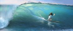 a woman riding a wave on top of a surfboard in the middle of the ocean