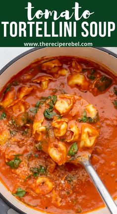 tortellini soup in a white bowl with a ladle full of tomato sauce