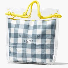 Questions? Leave A Comment Below! This Tote Is Made From 100% Post-Consumer Recycled Plastic And A Fabric Gingham Cosmetic Bag Inside To Hold All Your Clinically Kind Skincare Products. This Tote Wears Like A Bucket Bag With Sunshine Yellow Straps And Is The Perfect Summer Accessory For The Beach Or Travel. Gingham Two Piece, Beekman 1802, Sunshine Yellow, Yellow Cream, Summer Accessories, Recycled Plastic, Perfect Summer, Womens Tote Bags, Skincare Products