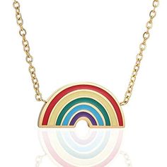 a necklace with a rainbow design on the front and bottom, hanging from a gold chain