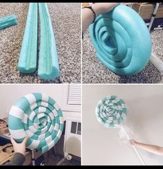 four pictures showing how to make an inflatable candy lollipop pinwheel