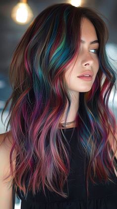 30 Game-Changing Hair Color Trends You Need to Know Brunette Fashion Color Hair, Dark Hair Balayage Ideas, Brown Hair With Fun Highlights, Colored Roots With Brown Hair, Cool Hair Colors For Women, Colorful Hair Underneath, Rainbow Peekaboo Hair Black, Balayage Hair Fun Colors, Color Tape In Hair Extensions