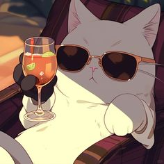 a cat wearing sunglasses sitting in a chair with a wine glass on it's arm