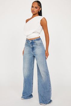 Available In Medium Wash. Wide Leg Jean 5 Pocket Pearl Embellished 34" Inseam 12.5" Rise Non Stretch Disclaimer: Due To The Specialized Wash Process, Each Garment Is Unique 100% Cotton Imported | Clutching My Pearls Baggy Wide Leg Jeans in Medium Wash size 3 by Fashion Nova Pearl Jeans, Baggy Wide Leg Jeans, Cowgirl Boots Outfit, Oversized Jeans, Clothes Horse, Boots Outfit, Matching Dresses, Active Wear For Women, Wide Leg Jeans