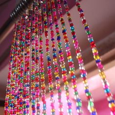 multicolored beads hanging from the ceiling