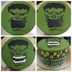 four photos of a green cake with the hulk face on it and words written in black