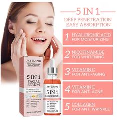 5 in 1 Face Brightening Serum Moisturizing Rejuvenation Hyaluronic Acid Vitamin C Facial Serum Shrink Pores Smoothing Skin Care Vitamin C Face Serum, Collagen Facial, Anti Aging Face Serum, Anti Aging Vitamins, Face Brightening, Acne Facial, Acne Spots