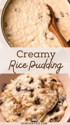 creamy rice pudding in a white bowl with chocolate chips on top, and an image of a wooden spoon