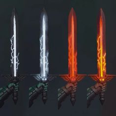 four different types of lightsabes are shown in three different positions, one is red and the other is green