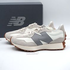 US Size 9 Women's New Balance 327 Sneakers U327LT Moonbeam/Shadow Grey - New with box, box is heavily damaged. We only sell 100% genuine products, sourced from major retailers. Please let us know if you have any questions. New Balance 327 Shoes, New Balance White, Shoes New Balance, New Balance 327, New Balance Shoes, Leather Logo, Grey Leather, Sneakers Shoes, Shoes Women