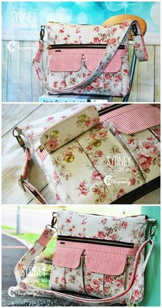 an image of a purse with flowers on the front and side, in three different ways