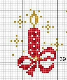 a cross stitch pattern with an image of a red candle and some gold dots on it