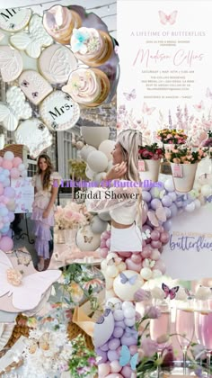 a collage of photos with balloons, flowers and other things in the background that are all pastel colors