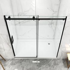 a glass shower door in a bathroom with marble flooring and walls that are white