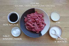 the ingredients to make steak are shown in bowls