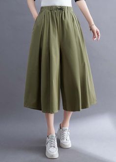 Casual Green Pockets Wrinkled Cotton Wide Leg Pants Skirt SummerFabric: Cotton BlendedSize & Fit: This garment fits true to size.Length: Size L measures 28.86"from waist to hem.Waist:Fitted - elastic waist allows stretch Hip: Loosely Fitted. room for hips. Hand Wash Cold. Military Style Cotton Bottoms With Elastic Waistband, Green Cotton Wide-leg Pants, Green Ankle-length Bottoms With Elastic Waistband, Green Wide-leg Pants With Elastic Waistband, Khaki Wide-leg Bottoms With Elastic Waistband, Summer Black, Summer Fabrics, Summer Casual, Skirt Pants