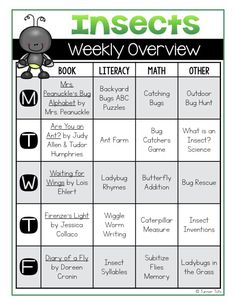 an insect themed weekly overview for students to use in their writing and reading skills, including the