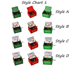 twelve different styles of christmas music boxes with the words style chart 1, style a, style b and style c