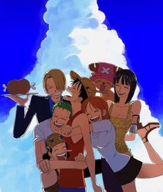 a group of people standing next to each other in front of a blue sky with clouds