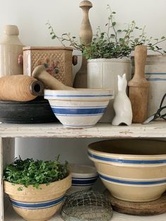 bowls and other items are sitting on shelves