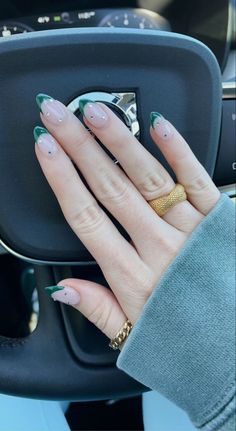 Green With Gold French Tip Nails, Green French Tip Nails Ideas, Green French Tips With Rhinestones, Dip With Tip Nail Ideas, French Designed Nails, Green French Nails With Rhinestones, Trending Green Nails, Green Hoco Nails Acrylic, Nails Gel New Years