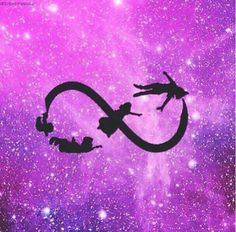 the silhouettes of two people are flying through space in front of a purple and black background