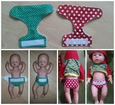 four different pictures of baby dolls with diapers on them and one doll in the middle